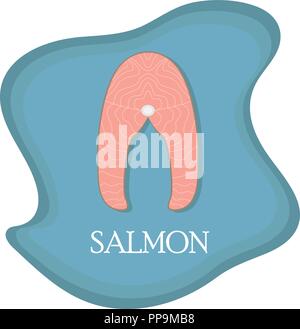 Flat illustration of a delicious salmon steak on the blue background. Flat style vector. Stock Vector