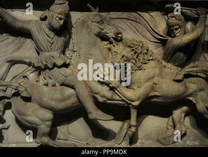 Alexander Sarcophagus. 4th century BC. Long side depicting Alexander and the Macedonians hunting lions with Abdalonymus and the Persians. Pentelic marble. From the Royal Necropolis of Sidon. Archaeological Museum. Istanbul. Turkey. Stock Photo