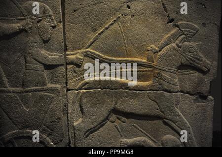 Orthostat with relief depicting a war chariot. 9th century BC. Basalt. Late Hitite Period. From the west side of citadel gate, Sam'al (Sinjerli). Archaeological Museum. Museum of Ancient Orient. Istanbul. Turkey. Stock Photo