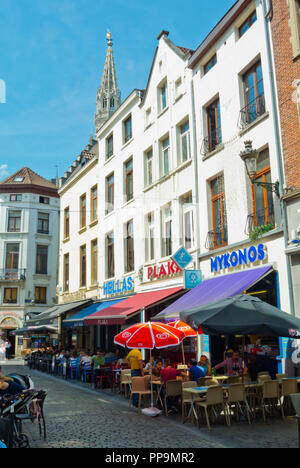 Restaurant terraces, Rue du Marche aux Fromages, old town, Brussels, Belgium Stock Photo