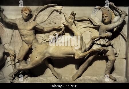 Alexander Sarcophagus. 4th century BC. Long side depicting Alexander and the Macedonians hunting lions with Abdalonymus and the Persians. Pentelic marble. From the Royal Necropolis of Sidon. Archaeological Museum. Istanbul. Turkey. Stock Photo