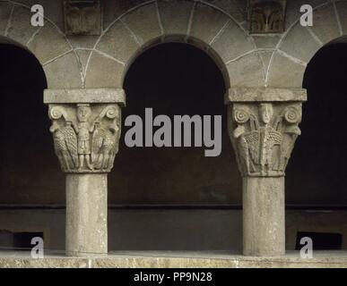 Royal Monastery of Saint Mary of Pedralbes. Founded in 14th century. Gothic cloister. Detail of two capitals. Barcelona, Catalonia, Spain. Stock Photo