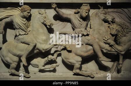 Alexander Sarcophagus. 4th century BC. Long side depicting Alexander and the Macedonians hunting lions with Abdalonymus and the Persians. Pentelic marble. From the Royal Necropolis of Sidon. Archaeological Museum. Istanbul. Turkey. Stock Photo