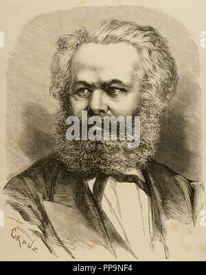 Karl Marx (1818-1883). German Philosopher, political economist and communist. Portrait. Engraving by Capuz. La Ilustracion Espanola y Americana, 1872. Stock Photo