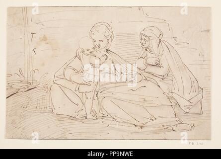 Anonymous / 'The Virgin and Child, with St. Anne, seated on the group out-of-doors, in front of a wall'. XVI century. Wash, Pencil, Pencil ground, Grey-brown ink on yellow paper. Museum: Museo del Prado, Madrid, España. Stock Photo