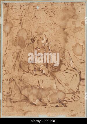 Luca Cambiaso / 'Saint Anne, the Virgin and the Christ Child'. XVI century. White lead, Pencil, Grey-brown ink on paper. Museum: Museo del Prado, Madrid, España. Stock Photo