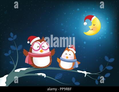 Owl cartoon smile on tree branch twig and falling snow in the winter night backgroud vector illustration 001 Stock Vector