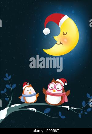 Owl cartoon smile on tree branch twig and falling snow in the winter night backgroud vector illustration 001 Stock Vector
