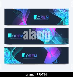 Abstract vector set of modern website banners. Scientific cybernetics background with a colored dynamic waves, line and particles. Wave flow. Molecule and communication background. Stock Vector