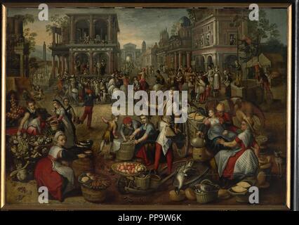 Market place with Scene Ecce homo in the background. Museum: Rijksmuseum, Amsterdam. Author: BEUCKELAER, JOACHIM. Stock Photo