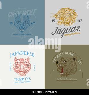 Set of wild animals logos. Grunge label print. Japanese Tiger and leopard, Asian cat, wolf and Grizzly Bear. Angry roar. Badge or emblem Engraved hand Stock Vector