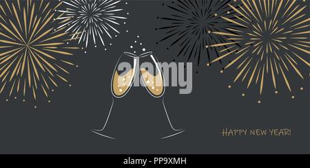 happy new year greeting card two champagne glasses and fireworks on a grey background vector illustration EPS10 Stock Vector