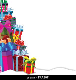 Festive holiday background with gifts in traditional style. Christmas, new year, valentine, birthday, anniversary template with border frame of gift b Stock Vector