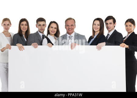 Group Of Happy Business people holding big billboard studio isolated on white background Stock Photo