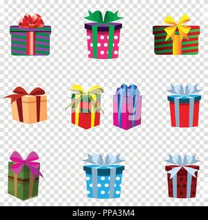 Vector set of colourful gift boxes isolated on transparent background. Christmas, new year, valentine, birthday festive icons clip art. Presents decor Stock Vector