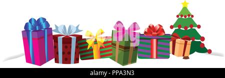 Colourful gift boxes on white snow drift, Christmas or new year border frame background. Vector illustration of different size presents decorated by r Stock Vector