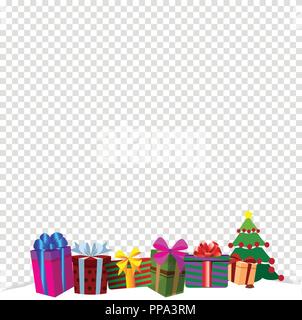 Vector illustration of different size presents decorated by ribbons and bows. Greeting card template, clip art. Colourful gift boxes on white snow dri Stock Vector
