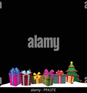 Colourful gift boxes on white snow drift, Christmas or new year border frame background. Vector illustration of presents decorated by ribbons and bows Stock Vector