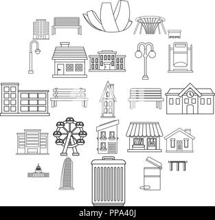 Interesting places icons set, outline style Stock Vector