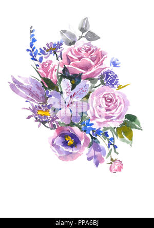 Decorative bouquet of flowers. Bouquet with pink and blue flowers. Watercolor background. Stock Photo