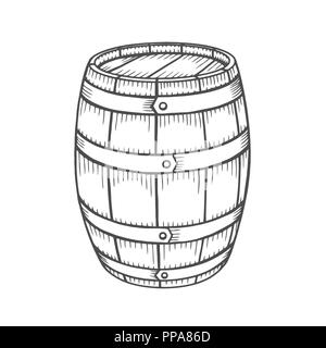 Hand drawn barrel illustration in engraving style. Vintage whiskey, wine or beer barrel isolated on white background. Stock Vector