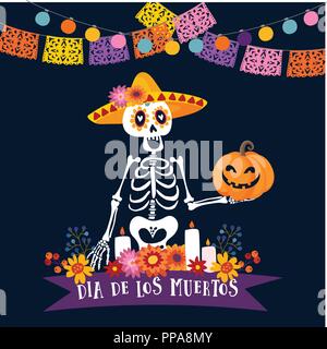 Halloween, Dia de los Muertos greeting card. Mexican Day of the Dead invitation. Skeleton with sombrero hat holding freaky pumpkin. Flowers and candles decoration. Paper cut party flags, light bulbs. Stock Vector