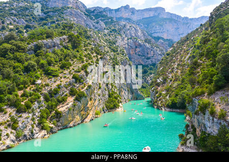 entrance to the Verdon Gorge with cliffy rocks at lake of Sainte-Croix, Provence, France, near Moustiers-Sainte-Marie