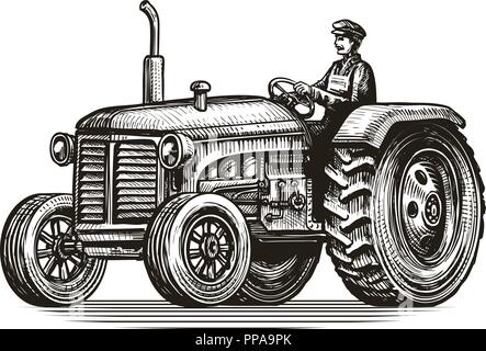 Retro farm tractor, sketch. Vintage vector illustration Stock Vector