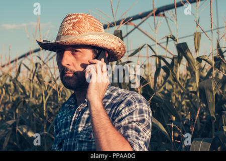 Portrait of serious farmer talking on mobile phone in corn field, looking confident and determined Stock Photo