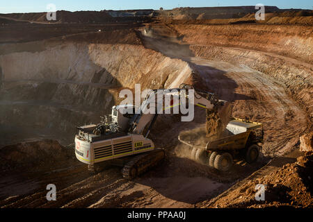 Trucks being loaded with ore by digger in open pit mine, Western Australia Stock Photo