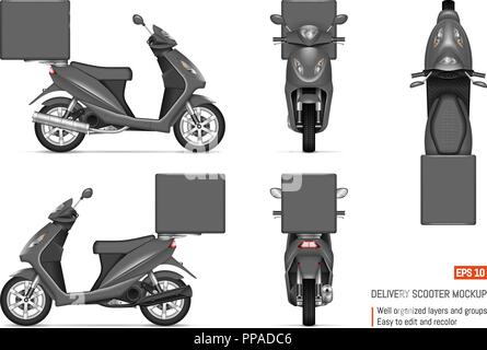 Delivery scooter vector mockup on white for vehicle branding, corporate identity. View from side, front, back, and top Stock Vector