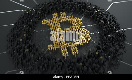 Bitcoin. Calculation of hash or mining. Currency sign builded from digits on the chip Stock Photo