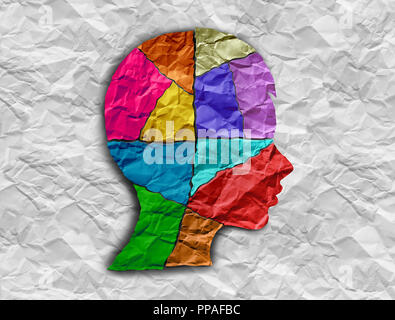 Child autism developmental disorder puzzle children symbol as an autistic child awareness icon as pieces of crumpled paper coming together. Stock Photo