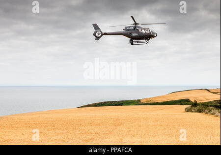 Roberts Cove, Cork, Ireland. 05th August, 2018. A H120 Helicopter flys low over barley crops giving rides to the public at the vintage festival in Rob Stock Photo