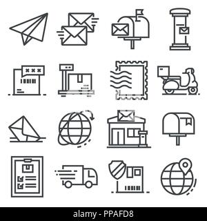 Vector line post service icons set. Postal stamp, scale, express delivery, post office, tracking number and more Stock Vector