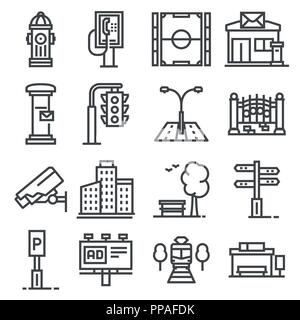 Vector line city elements icons set. Hydrant, traffic light, garden fence, parking sign and more Stock Vector