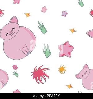 Cute cartoon baby pig with star. Seamless vecktor pattern Stock Vector