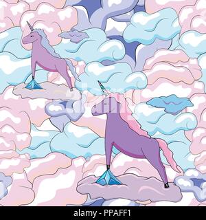 Seamless pattern with cute unicorns on a clouds. Vector illustration Stock Vector