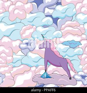 Seamless pattern with cute unicorns on a clouds. Vector illustration Stock Vector