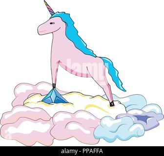 Magic cute unicorn on a clouds. Vector illustration Stock Vector