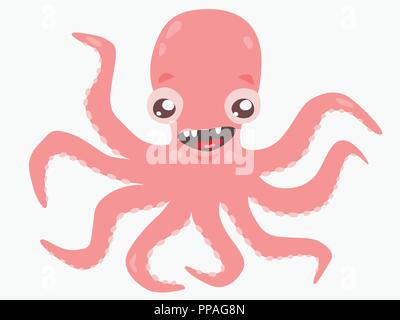 Cute pink octopus on white isolated background Stock Vector