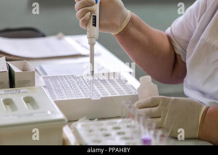 Laboratory equipment for blood analysis. The real work of the laboratory assistant in the hospital. Close-up. Stock Photo