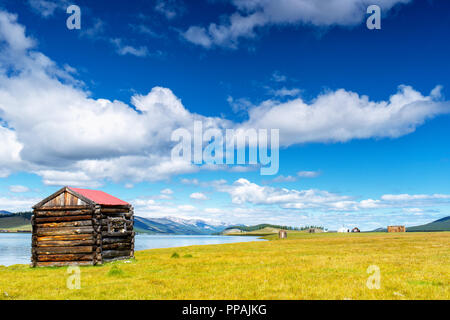 Small hut and a gear at Lake Khovsgol shore, Khatgal, Mongolia Stock Photo