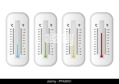 Vector realistic 3d celsius and fahrenheit meteorology, weather thermometer icon set closeup isolated on white background. Clip art, design template for graphics. Thermometers with different levels Stock Vector