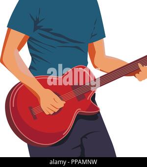 Vector illustration of hands playing light brown acoustic guitar. Close up, blue-green background, horizontal format. Stock Vector
