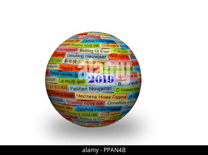 Happy New Year 2019 Word Cloud printed on colorful paper on 3d ball  different languages Stock Photo