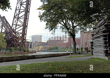 Heritage Park in Cleveland, Ohio on the banks of the Cuyahoga River in the Flats District offers entertainment, riverside living, and greenspace. Stock Photo