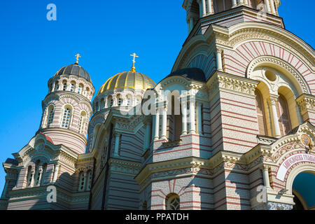 Riga Russian Orthodox Cathedral, view of the arcading and two-tone brickwork on the facade of the Nativity Of Christ Cathedral in central Riga, Latvia. Stock Photo