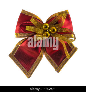 Red and yellow color christmas ribbon isolated on white background Stock Photo