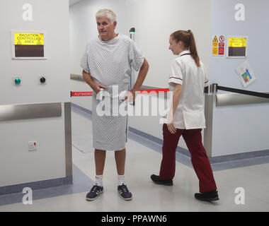 Embargoed to 1700 Monday September 24 Barry Dolling, aged 65, from Selsdon, Surrey, who was diagnosed with prostate cancer in April 2018, prepares for treatment after becoming the first patient in the UK to receive a pioneering new form of radiotherapy - using a Magnetic Resonance Linear Accelerator (MR Linac) machine - at the Royal Marsden Hospital in Sutton Surrey. Stock Photo